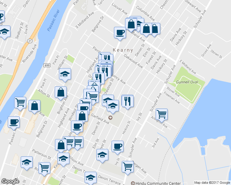 map of restaurants, bars, coffee shops, grocery stores, and more near 410 Devon Street in Kearny