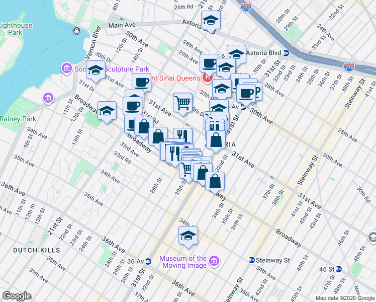 map of restaurants, bars, coffee shops, grocery stores, and more near 31-44 29th Street in Queens