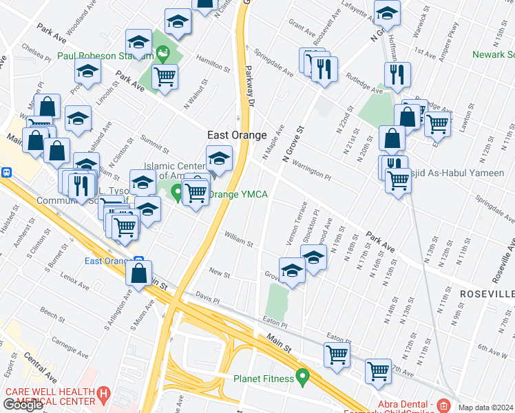 map of restaurants, bars, coffee shops, grocery stores, and more near 192 North Maple Avenue in East Orange