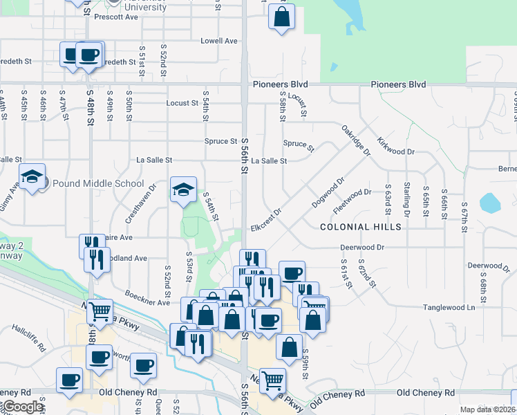 map of restaurants, bars, coffee shops, grocery stores, and more near 4911 South 57th Street in Lincoln