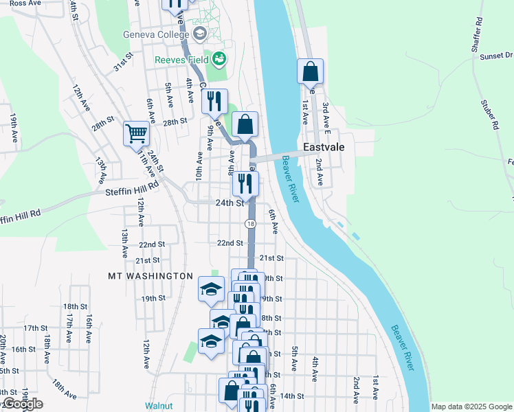 map of restaurants, bars, coffee shops, grocery stores, and more near 2326 7th Avenue in Beaver Falls