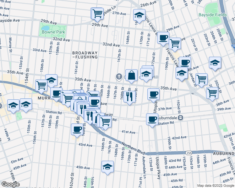 map of restaurants, bars, coffee shops, grocery stores, and more near 35-35 167th Street in Queens