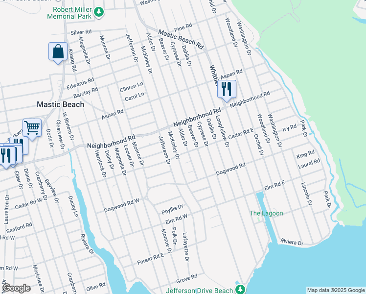 map of restaurants, bars, coffee shops, grocery stores, and more near 34 Alder Drive in Mastic Beach