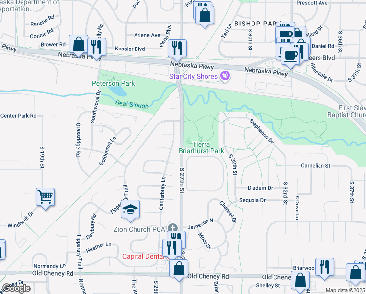 map of restaurants, bars, coffee shops, grocery stores, and more near 2617 Tierra Drive in Lincoln