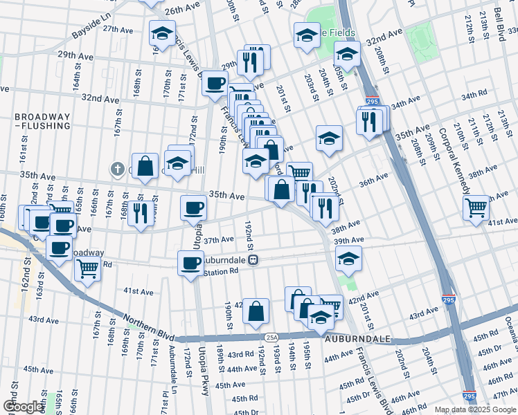 map of restaurants, bars, coffee shops, grocery stores, and more near 192-19 Crocheron Avenue in Queens