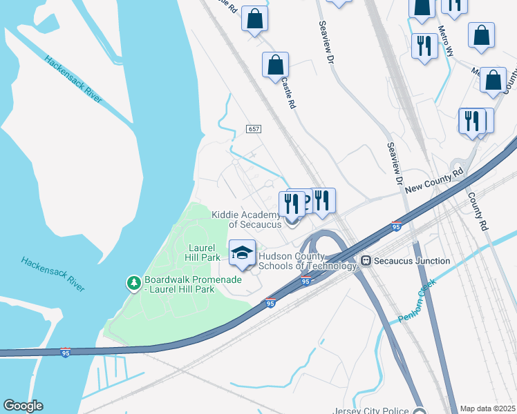 map of restaurants, bars, coffee shops, grocery stores, and more near 5366 Riverside Station Boulevard in Secaucus