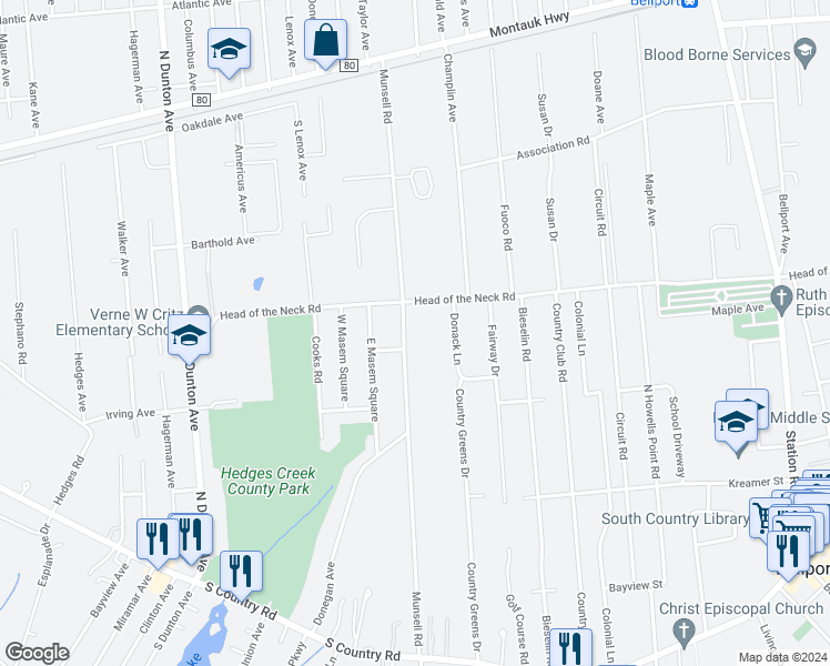 map of restaurants, bars, coffee shops, grocery stores, and more near 289 Munsell Road in East Patchogue
