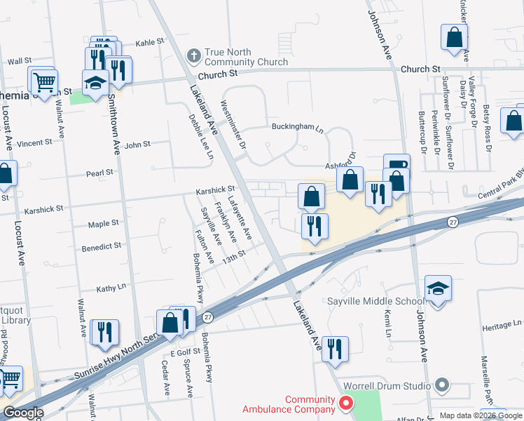 map of restaurants, bars, coffee shops, grocery stores, and more near 50 Chelsea Court in Bohemia