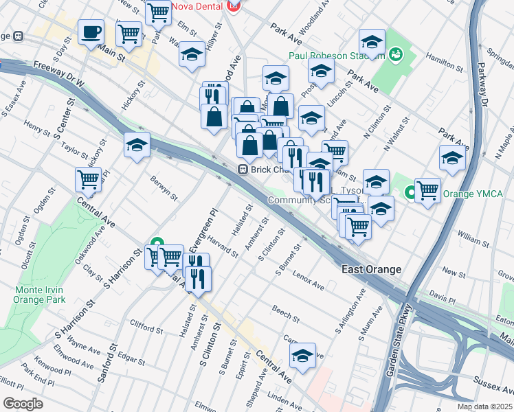 map of restaurants, bars, coffee shops, grocery stores, and more near 62 Halsted Street in East Orange
