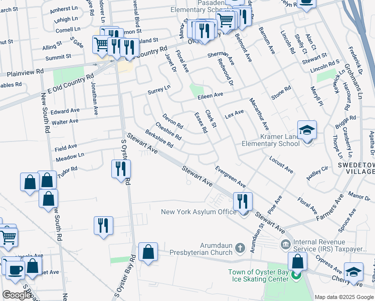 map of restaurants, bars, coffee shops, grocery stores, and more near 65 Berkshire Road in Bethpage