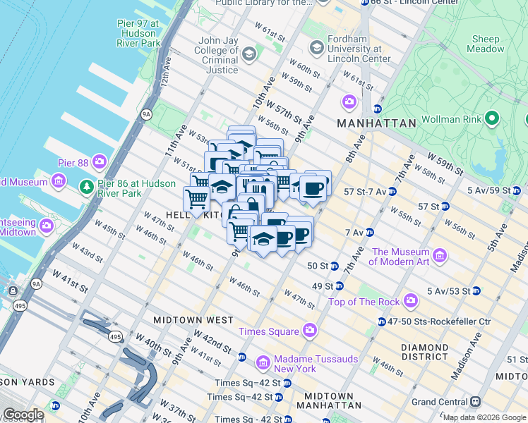 map of restaurants, bars, coffee shops, grocery stores, and more near in New York