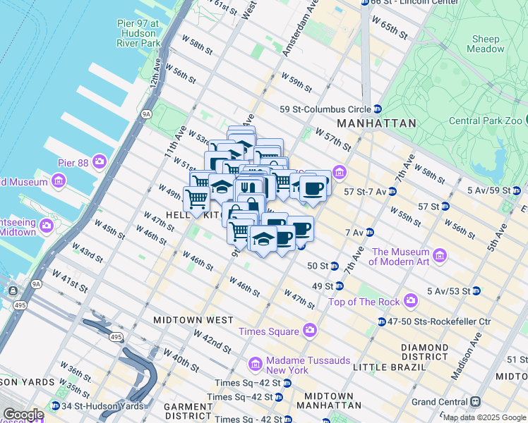 map of restaurants, bars, coffee shops, grocery stores, and more near 751 9th Avenue in New York