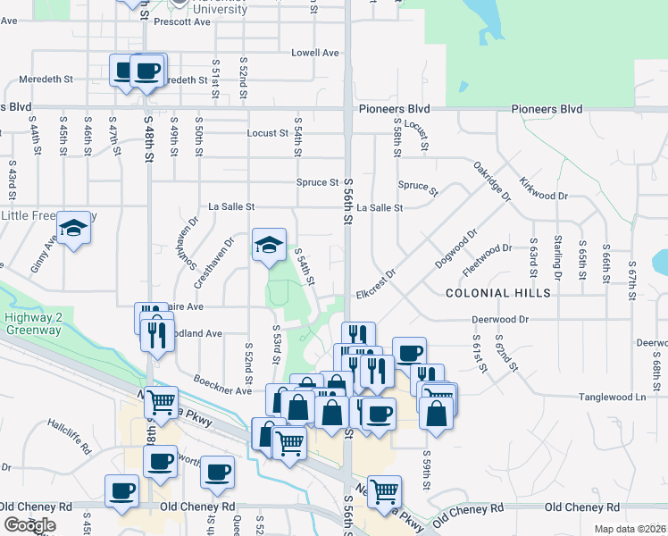 map of restaurants, bars, coffee shops, grocery stores, and more near 5501 Vavak Place in Lincoln
