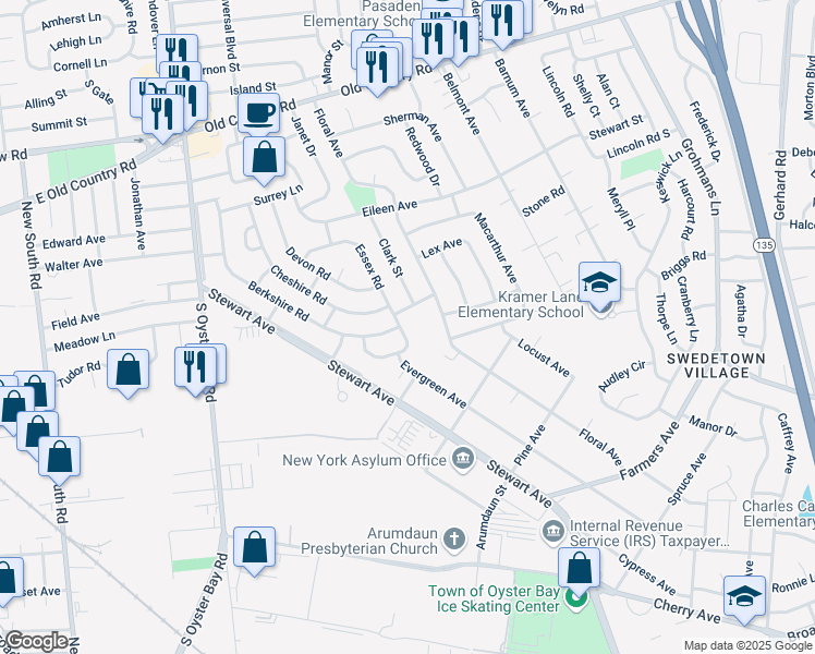 map of restaurants, bars, coffee shops, grocery stores, and more near 59 Essex Road in Bethpage