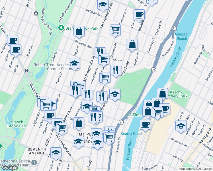 map of restaurants, bars, coffee shops, grocery stores, and more near 65-67 Wakeman Avenue in Newark