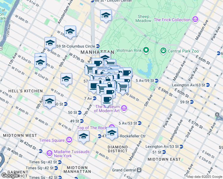 map of restaurants, bars, coffee shops, grocery stores, and more near 131 West 55th Street in New York