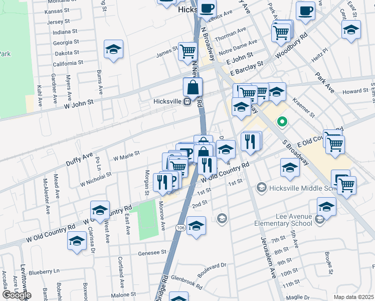 map of restaurants, bars, coffee shops, grocery stores, and more near 168 West Nicholai Street in Hicksville