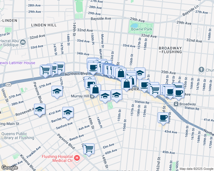 map of restaurants, bars, coffee shops, grocery stores, and more near 40-01 Murray Street in Queens