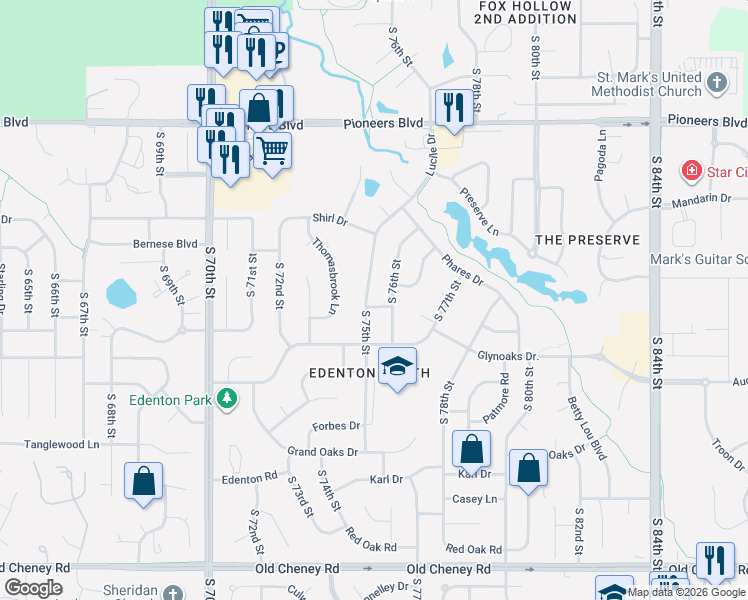 map of restaurants, bars, coffee shops, grocery stores, and more near 4930 South 75th Street in Lincoln