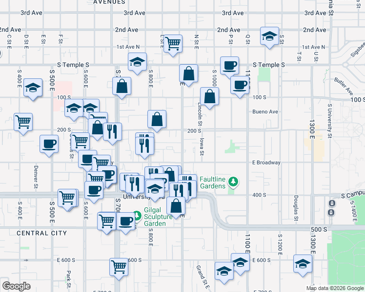 map of restaurants, bars, coffee shops, grocery stores, and more near 236 900 East in Salt Lake City