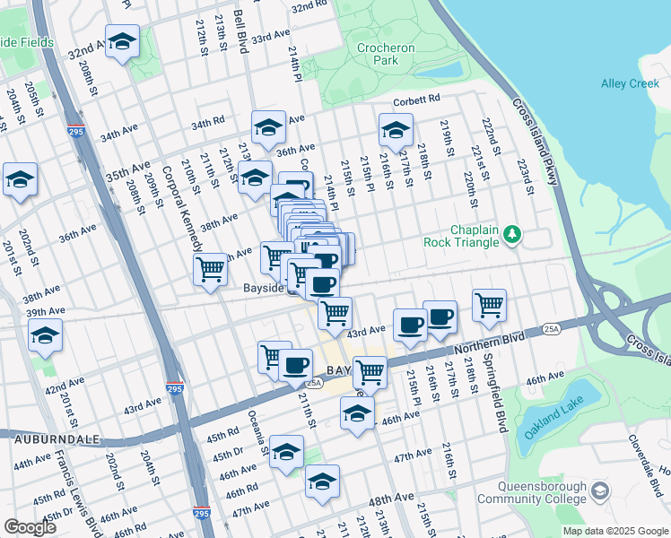 map of restaurants, bars, coffee shops, grocery stores, and more near 40-10 214th Place in Queens
