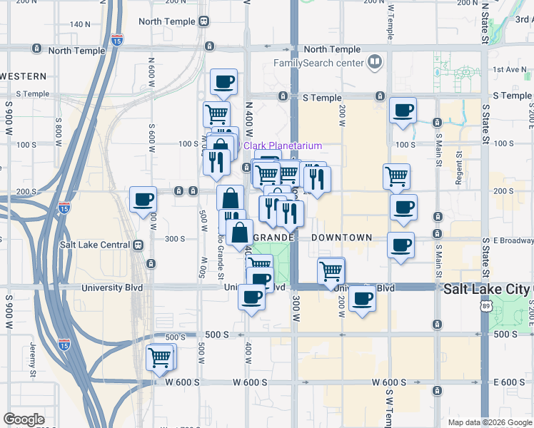 map of restaurants, bars, coffee shops, grocery stores, and more near 346 Pierpont Avenue in Salt Lake City