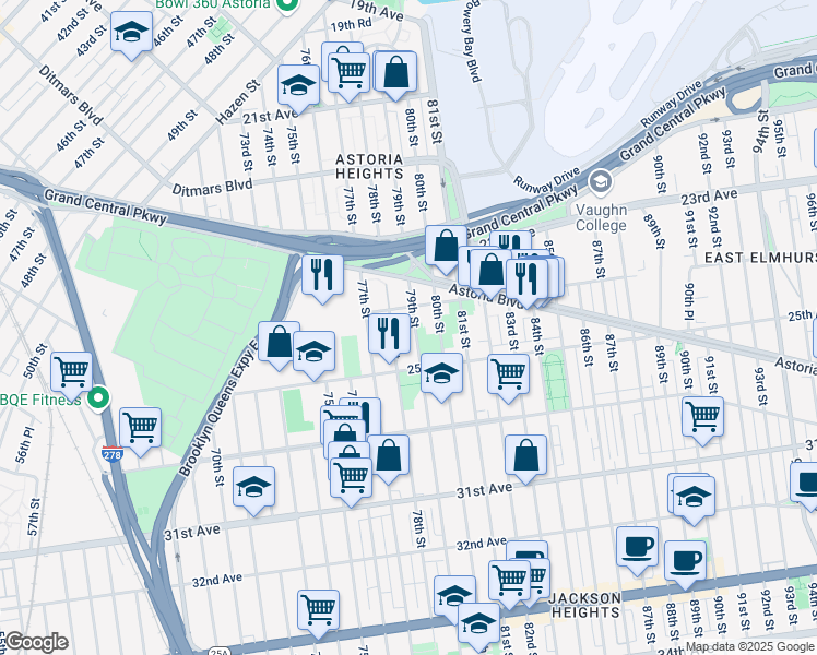 map of restaurants, bars, coffee shops, grocery stores, and more near 24-18 79th Street in Queens
