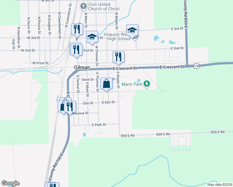 map of restaurants, bars, coffee shops, grocery stores, and more near 500 East Mann Street in Gilman