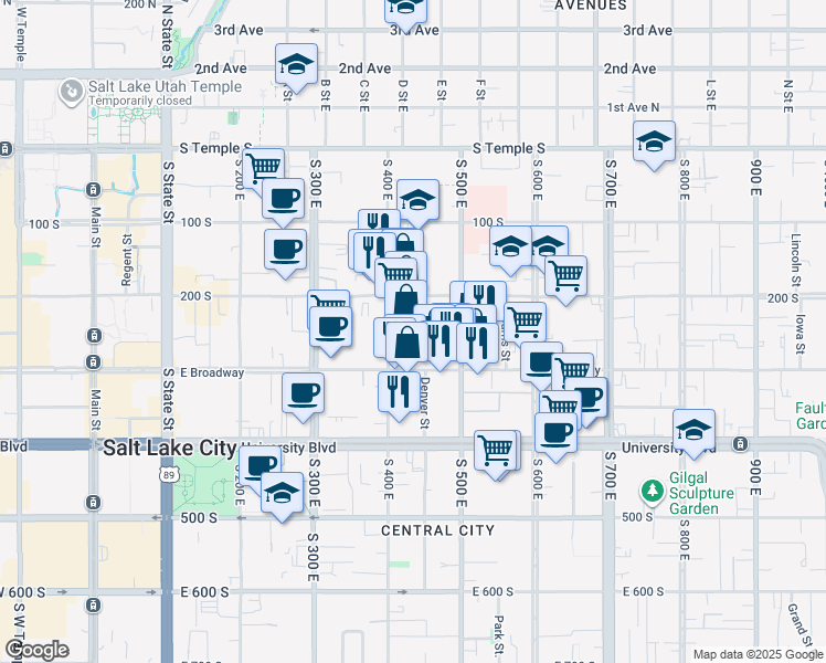 map of restaurants, bars, coffee shops, grocery stores, and more near 237 400 South in Salt Lake City