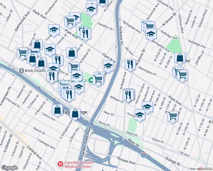 map of restaurants, bars, coffee shops, grocery stores, and more near 175 North Oraton Parkway in East Orange