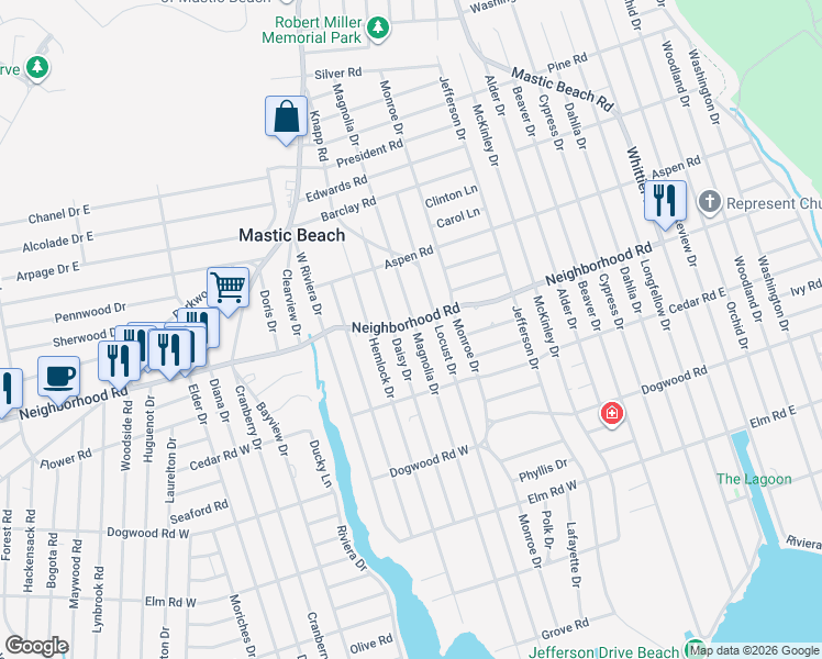 map of restaurants, bars, coffee shops, grocery stores, and more near 196 Birch Road in Mastic Beach