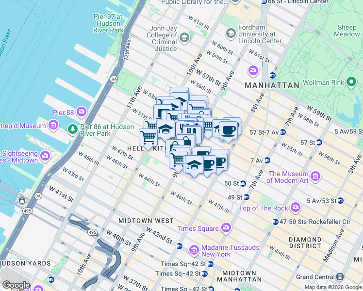 map of restaurants, bars, coffee shops, grocery stores, and more near 751 9th Avenue in New York