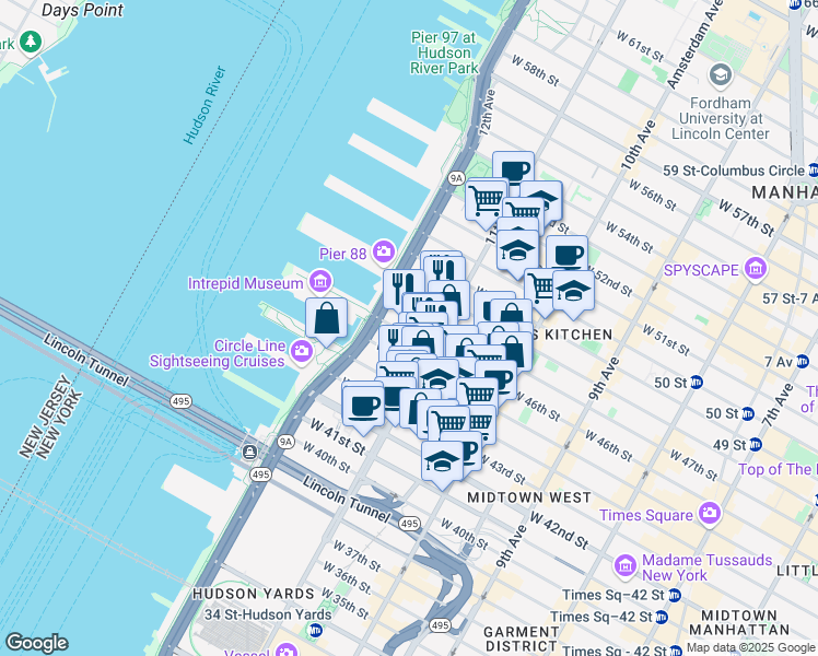 map of restaurants, bars, coffee shops, grocery stores, and more near 638 West 46th Street in New York