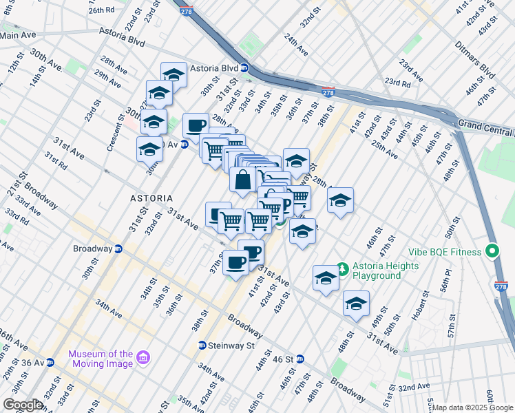 map of restaurants, bars, coffee shops, grocery stores, and more near 30-19 37th Street in Queens