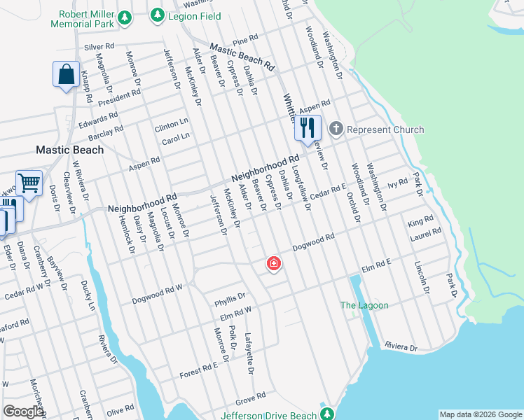 map of restaurants, bars, coffee shops, grocery stores, and more near 101 Cedar Road East in Mastic Beach