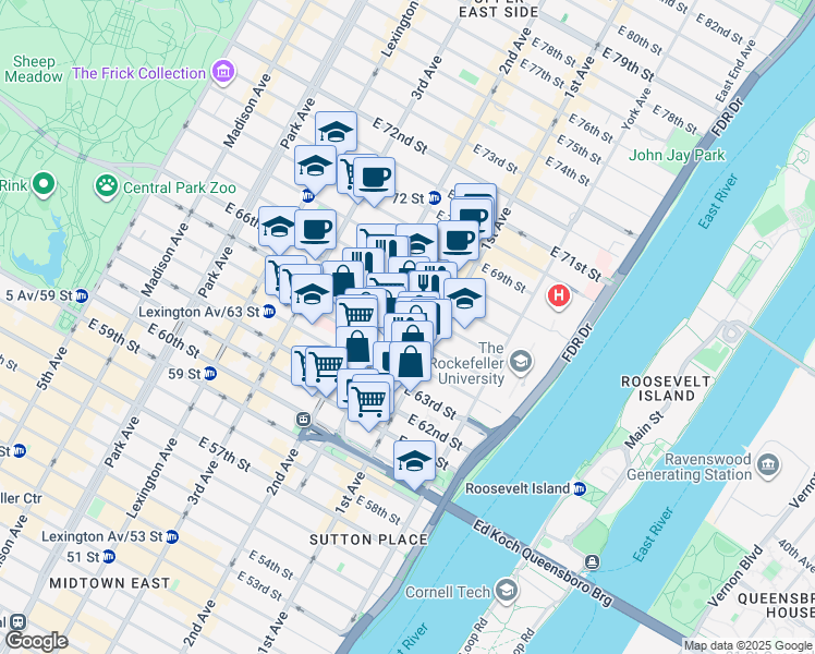 map of restaurants, bars, coffee shops, grocery stores, and more near 333 East 65th Street in New York