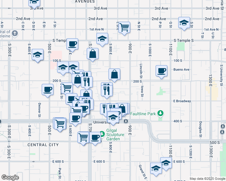 map of restaurants, bars, coffee shops, grocery stores, and more near 237 South 800 East in Salt Lake City