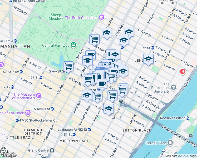 map of restaurants, bars, coffee shops, grocery stores, and more near 115 East 61st Street in New York