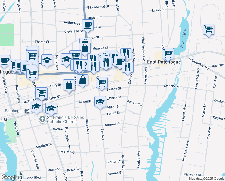 map of restaurants, bars, coffee shops, grocery stores, and more near 46 Evergreen Avenue in Patchogue