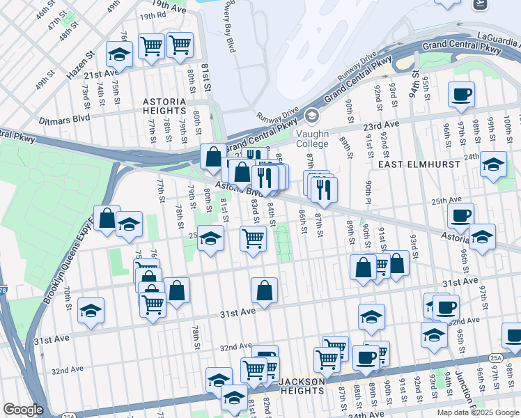 map of restaurants, bars, coffee shops, grocery stores, and more near 24-33 83rd Street in Queens