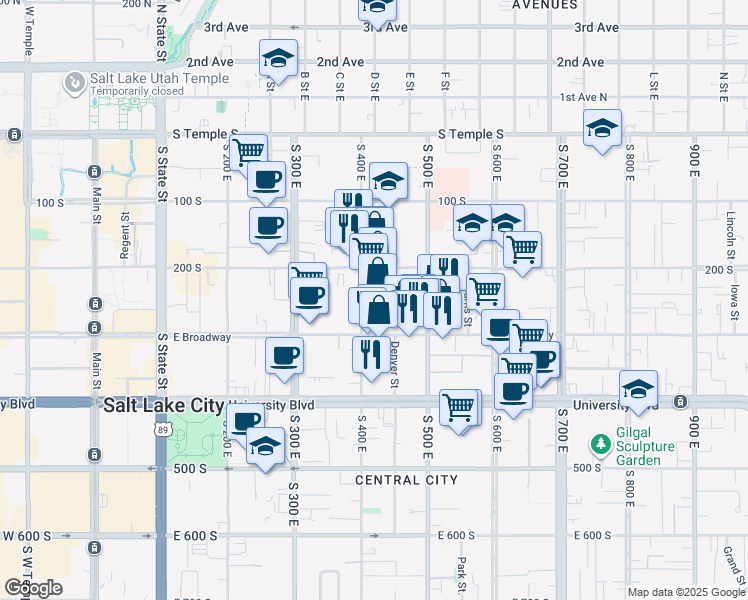 map of restaurants, bars, coffee shops, grocery stores, and more near 237 South 400 East in Salt Lake City