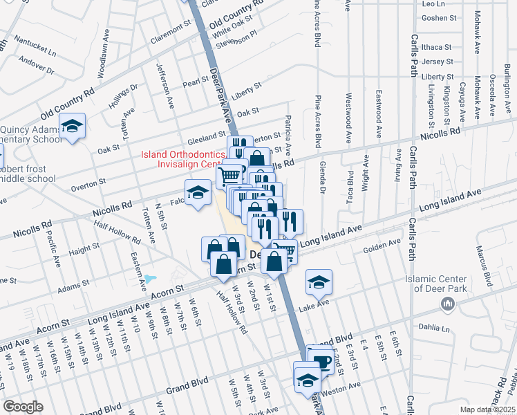 map of restaurants, bars, coffee shops, grocery stores, and more near Deer Park Avenue & Schwartz Place in Deer Park