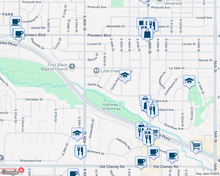map of restaurants, bars, coffee shops, grocery stores, and more near 4931 Ginny Avenue in Lincoln