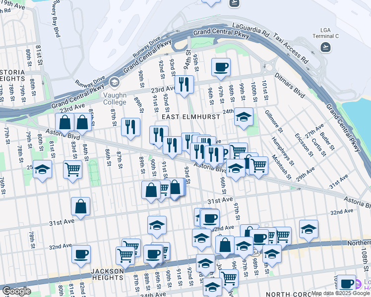 map of restaurants, bars, coffee shops, grocery stores, and more near 25-03 93rd Street in Queens