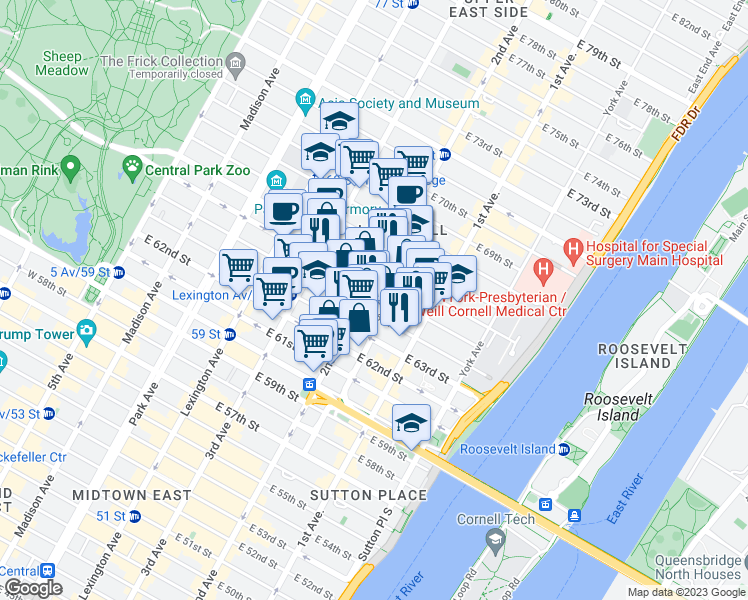 map of restaurants, bars, coffee shops, grocery stores, and more near in New York