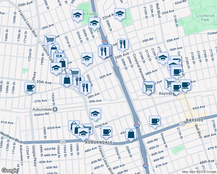 map of restaurants, bars, coffee shops, grocery stores, and more near 36-45 204th Street in Queens