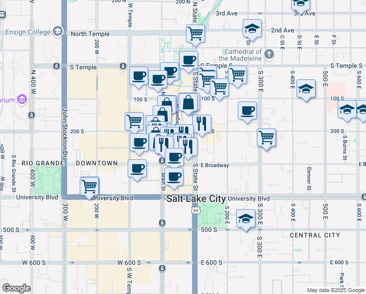 map of restaurants, bars, coffee shops, grocery stores, and more near 239 South Main Street in Salt Lake City