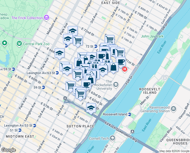 map of restaurants, bars, coffee shops, grocery stores, and more near 1219 1st Avenue in New York