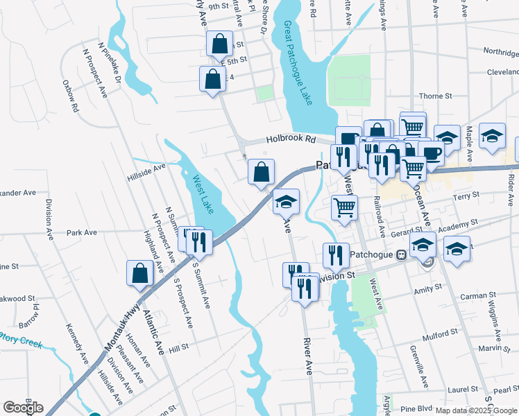 map of restaurants, bars, coffee shops, grocery stores, and more near 304 West Main Street in Patchogue