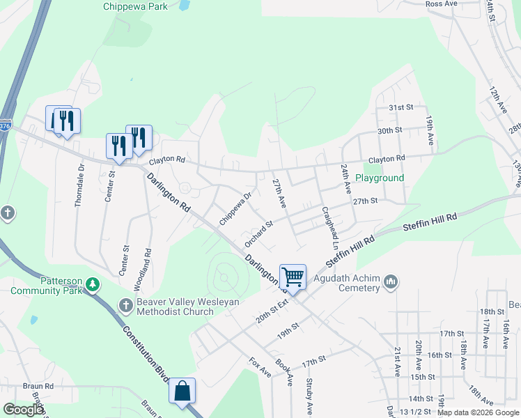 map of restaurants, bars, coffee shops, grocery stores, and more near 112 Turnpike Ave in Beaver Falls